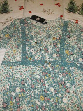 NWT-Frye-Floral Teal & white Meadowbrook Combo Babydoll Dress M